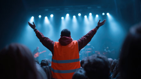 A vibrant scene at a live concert showing an enthusiastic audience with hands raised in appreciation for the performers under dramatic stage lighting.の素材
