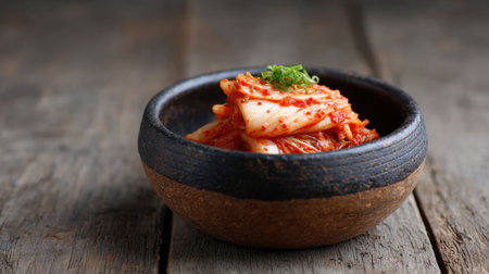 A beautifully arranged serving of traditional Korean kimchi in a rustic bowl, placed on a wooden table, garnished with fresh green onion, showcasing vibrant colors and rich textures, perfect for food lovers and cuisine enthusiasts.の素材