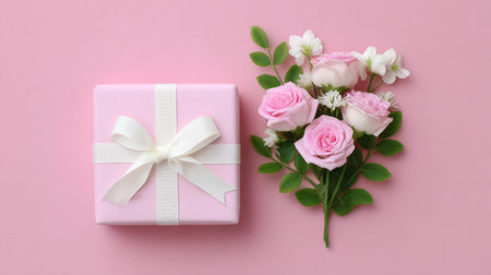 A charming pink gift box with a white ribbon sits alongside a lovely bouquet of fresh pink roses on a soft pink background, perfect for any celebration.の素材
