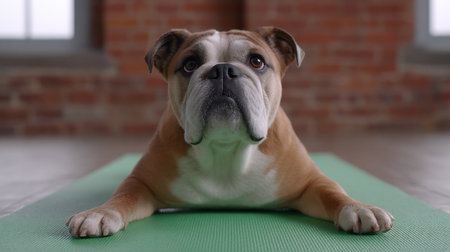 A relaxed bulldog performs a yoga pose on a green mat in a bright studio. The inviting atmosphere with a brick wall highlights fitness and tranquility.の素材