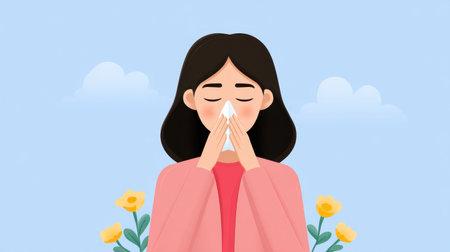 A woman with long dark hair sneezes while holding a tissue, representing allergy symptoms in a serene setting with flowers and a blue sky.の素材