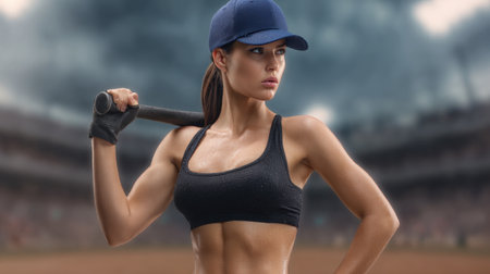 A strong athletic woman holds a baseball bat confidently, showcasing her toned physique in a sporty outfit against a dramatic stadium backdrop.の素材