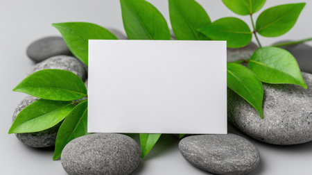 Blank business card sits elegantly among green leaves and smooth gray stones against a soft gray background, ideal for showcasing designs or messages.の素材