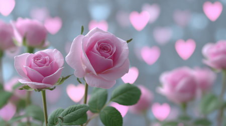 A stunning close-up of pink roses with a dreamy heart-shaped bokeh backdrop. Ideal for romantic themes, floral decorations, or love-related projects.の素材