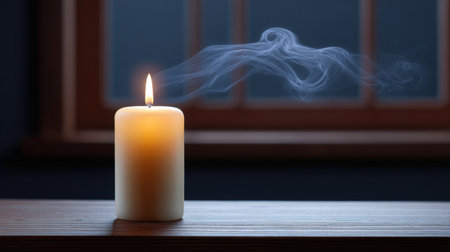 A soft glowing candle with a dancing flame emits delicate smoke in a serene indoor setting, creating a tranquil and peaceful ambiance ideal for relaxation.の素材