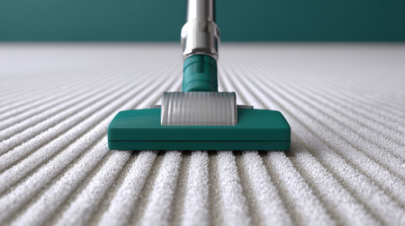 This close-up image showcases the head of a vacuum cleaner on a textured carpet, highlighting the importance of cleanliness and modern home maintenance.の素材