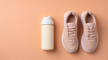 This image features a pair of light pink sports shoes and a white water bottle positioned on a soft orange background, perfect for fitness and lifestyle content.の素材