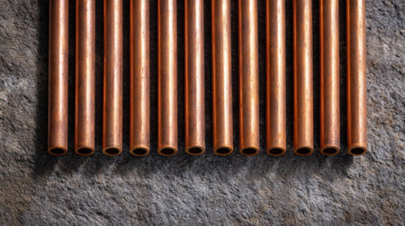 This image showcases a series of copper pipes neatly aligned on a textured stone background, highlighting their shiny surface and industrial beauty. Perfect for design and construction themes.の素材