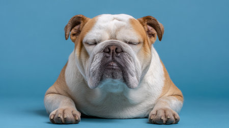 A serene and charming bulldog lies comfortably with closed eyes against a vibrant blue background, capturing a moment of relaxation and tranquility.の素材