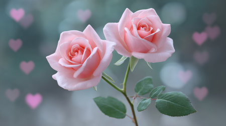 Delicate pink roses stand elegantly with soft petals, symbolizing love and romance, set against a dreamy background of blurred hearts, perfect for decor.の素材