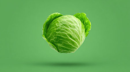 A vibrant green cabbage floats against a soothing green background, symbolizing freshness and organic goodness, perfect for culinary and health projects.の素材