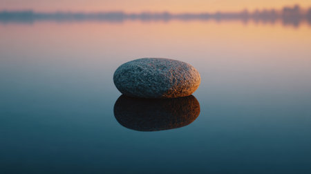 A solitary stone rests on a reflective water surface at sunrise, casting gentle reflections and creating a serene atmosphere. The scene captures the essence of tranquility.の素材