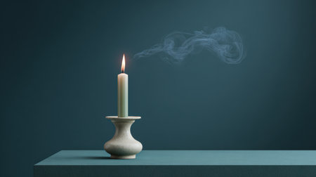 A serene composition featuring a single candle with a soft flame and wisps of smoke on a minimalist green surface evokes a sense of calm and tranquility.の素材