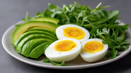 A visually appealing plate featuring sliced avocado, soft boiled eggs, and fresh arugula creates a perfect healthy meal option. Enjoy vibrant colors and textures.の素材