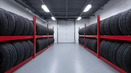 This image features a neatly organized tire storage area, showcasing modern racks filled with high-quality tires, ideal for automotive businesses and garages.の素材