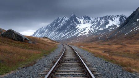 A captivating view of a railway track winding through stunning mountains under a dramatically cloudy sky, set in a tranquil wilderness.の素材