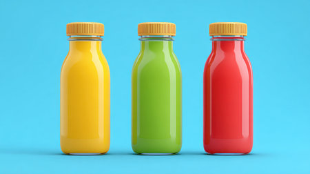 This vibrant image features three colorful bottles filled with yellow, green, and red juices on a bright blue background, showcasing freshness and vitality.の素材
