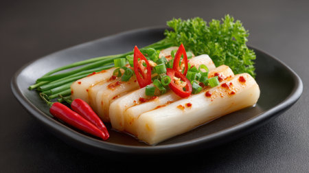 A visually appealing plate featuring steamed rice rolls garnished with fresh green onions, spicy chili, and vibrant parsley, perfect for culinary enthusiasts.の素材