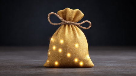 A golden pouch adorned with twinkling lights sits elegantly against a dark background, perfect for festive decorations and special occasions. Its shimmering texture adds charm and warmth to any celebration.の素材