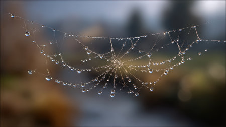 A stunning closeup of a spider web adorned with dewdrops, capturing the elegance of nature's intricate details and serene beauty in the morning light.の素材