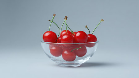 A visually appealing arrangement of fresh red cherries in a clear glass bowl set against a soft gray background, perfect for food photography and creative projects.の素材