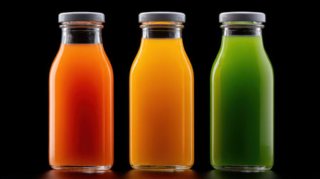 This image features three bottles of fresh juice in vibrant colorsの素材