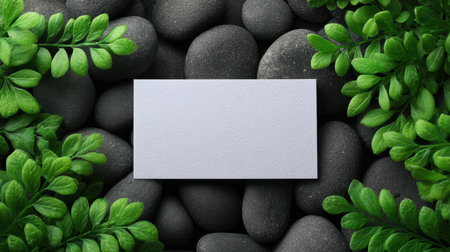 A blank business card placed on smooth stones surrounded by vibrant green leaves, perfect for showcasing designs or branding in a tranquil setting.の素材
