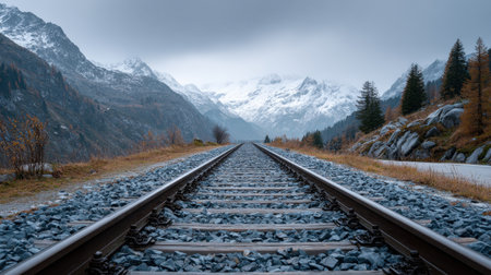 An enchanting view of railroad tracks stretching into the distance, framed by impressive snow-capped mountains and an overcast sky.の素材