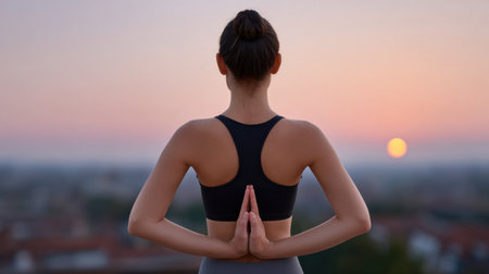 A serene woman engages in a yoga practice at sunset, set against a beautiful cityscape. The image evokes tranquility and wellness, highlighting the essence of mindfulness and relaxation.の素材