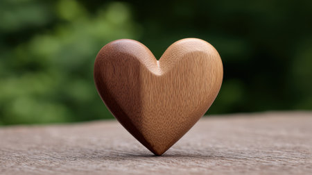 This image features an elegant wooden heart decoration placed on a rustic surface, with a beautifully blurred green background, symbolizing love and warmth.の素材