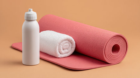 This image features a yoga mat, a rolled towel, and a sleek water bottle arranged on a soft orange background, ideal for promoting fitness and health.の素材