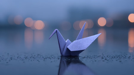This serene image features a delicate purple origami crane floating on water, adorned with raindrops, surrounded by a soft bokeh background, evoking peace and creativity.の素材