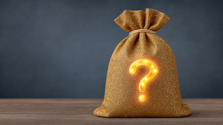 A captivating image of a golden bag adorned with a glowing question mark, placed on a wooden table against a dark backdrop, inviting curiosity and wonder.の素材