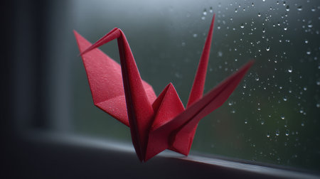 A striking red origami crane perched on a window sill, beautifully contrasting against droplets of rain. This image captures the essence of tranquility and artistry.の素材