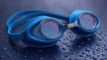 A pair of blue swimming goggles rests on a wet surface, showcasing vivid water droplets. Ideal for activities at the pool or beach, these goggles epitomize a blend of style and functionality for water enthusiasts.の素材