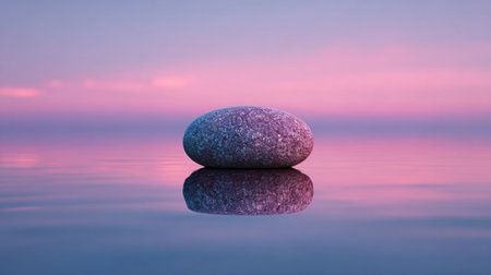 A tranquil scene featuring a smooth stone perfectly reflected in calm water, set against a stunning twilight sky of pink and purple hues.の素材
