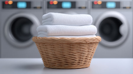 A wicker basket filled with clean, white towels stands prominently in a modern laundry room, suggesting organization and fresh linens.の素材
