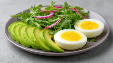 A vibrant and nourishing breakfast plate featuring creamy avocado slices, soft boiled eggs, arugula, and red onion for a healthy start to your day.の素材