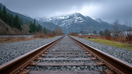 A serene view of railroad tracks stretching towards the horizon, framed by majestic mountains and a cloudy sky, evoking a sense of adventure and exploration.の素材