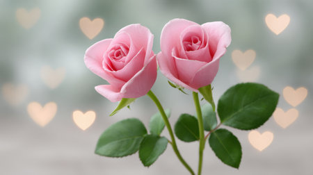 This enchanting image features two delicate pink roses beautifully arranged with a soft heart background. Perfect for conveying love and romance.の素材