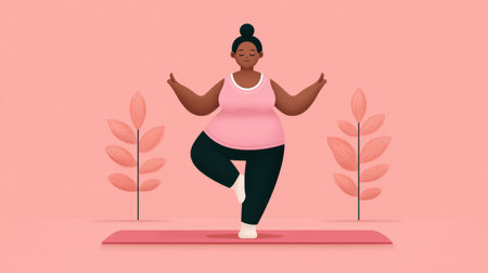 This illustration features a confident woman practicing yoga on a pink mat, embodying balance and mindfulness in a serene and supportive environment.の素材