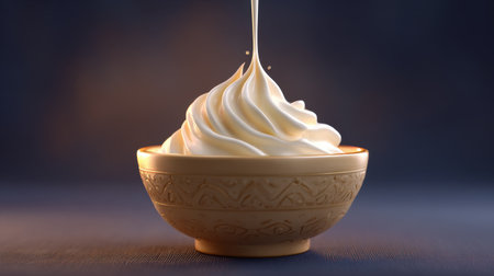 A visually appealing image of creamy whipped topping drizzling into a decorative bowl, showcasing soft peaks, smooth texture, and gourmet appeal.の素材