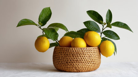 A beautiful arrangement of fresh yellow lemons in a woven basket with lush green leaves, set against a neutral background, capturing natural beauty.の素材