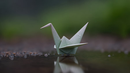 A serene image of a delicate paper crane model resting on a water surface, with gentle droplets enhancing its elegance, set against a lush nature backdrop.の素材