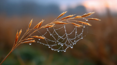 A breathtaking close-up of a spider web adorned with dew drops, resting on a grassy blade in the soft light of dawn. This image captures tranquility and natural beauty.の素材