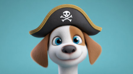 This charming cartoon dog features a playful expression while wearing a pirate hat adorned with a skull and crossbones, set against a vibrant blue backdrop.の素材