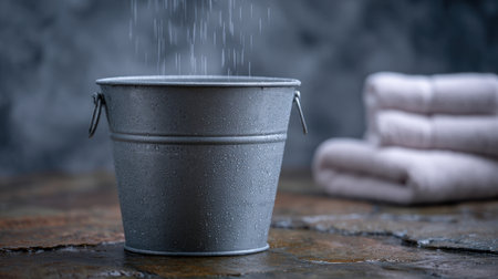 A close-up view of a galvanized metal bucket with water droplets resting on a rustic surface. Soft towels are blurred in the background, evoking a sense of comfort and tranquility, ideal for spa or cleaning themes.の素材