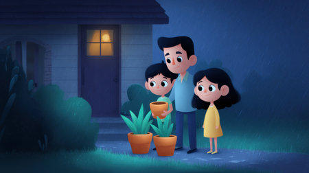 A charming illustration of a family standing together outdoors in the rain at night, holding potted plants and showcasing their love for nature and each other.の素材