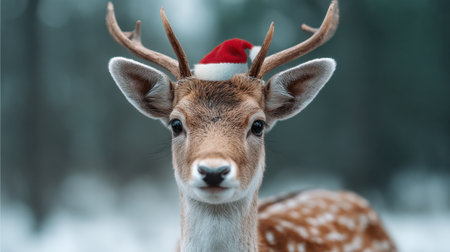 Charming deer wearing a Santa hat stands in a snowy forest, embodying the spirit of the holiday season and capturing the essence of winter wonder.の素材