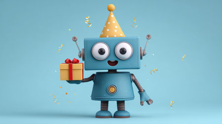 A charming robot character wearing a festive birthday hat holds a colorful gift box. The scene is bright and cheerful, perfect for celebrations.の素材